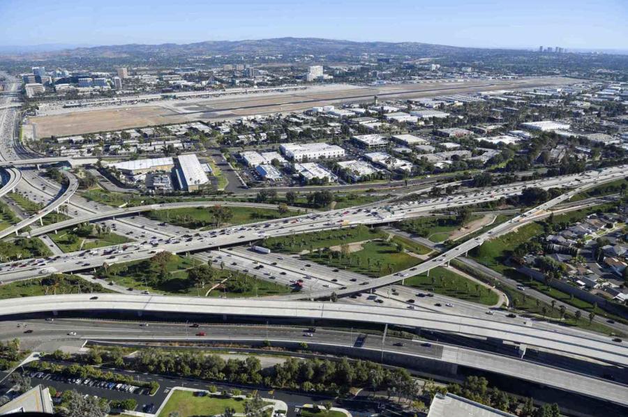 Aerial view of the intersections of the 405 Freeway and the 55 Freeway near John Wayne Airport.