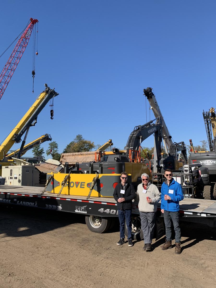 (L-R): Zach Giampolo, Tony Giampolo and Aaron Raven, all of Hymanson Parnes and Giampolo, based out of Lincroft, N.J., took time to look at the lineup of Grove cranes.