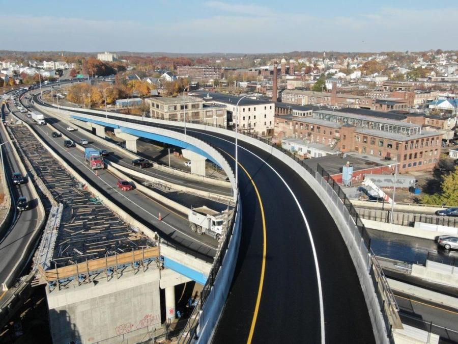 The Route 10 North to Route 6 West flyover ramp, as seen from the air on Nov. 18, 2021, the day before the ramp opened. (RIDOT photo)