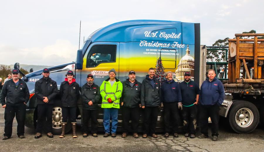 (L-R) are Bill Brunk (driver), Rob Heskett (COO), Ryan Heskett (Rob’s son), Jerry Gardner (driver), Robert E. Lee (driver), Mike English (driver), John Schnell (driver), Terry Jefferson (driver), Joel Eggert (mechanic) and Jeremy Bellinger (driver), all of Systems Transport, the official U.S Capitol Christmas Tree Tour carrier.