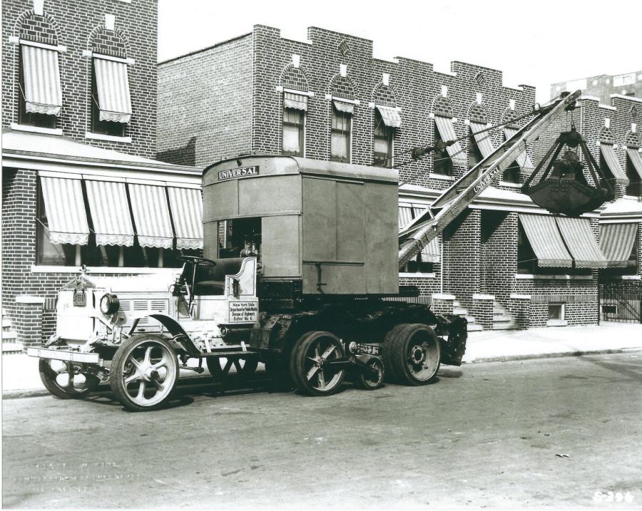 A Universal Crane Company crane with riveted boom is mounted on this late 1920s Sterling carrier. In place of the truck’s rear axle is a Motor Truck Crawler assembly produced by Christie Crawlers Inc. The crawlers allowed for greater mobility and stability on site, and were removed, as shown here, for travel on the assembly’s hard rubber rollers. One crawler is visible behind the rear tire.
(Thomas S. Peirce, HCEA Archives photo)
 