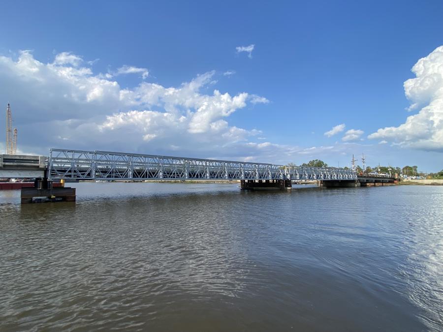 Acrow’s modular steel bridge consists of two 100-ft.-long spans, each with a roadway width of 24 ft.