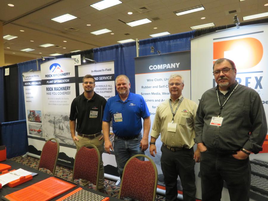 (L-R): At the Rock Machinery booth are Zack Hetzel; Brian Pichler; Larry Ettzel, president of Rock Machinery; and David Walters of Hazemag USA.  
