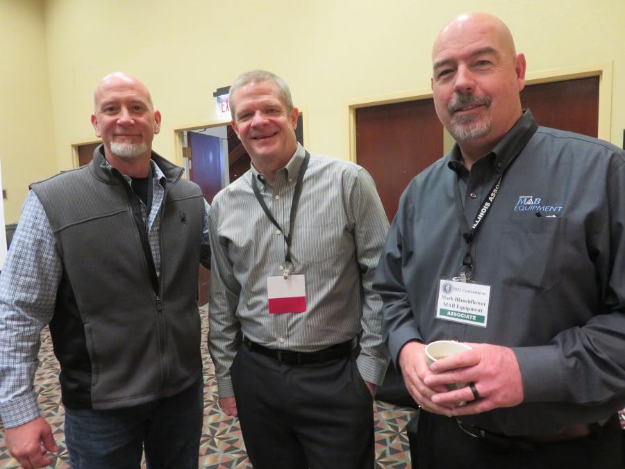 (L-R): Dan Johnson of Bluff City Materials; Troy Kutz of Bluff City Materials; and Mark Blanchflower of MAB Equipment connected during the IAAP Convention.
