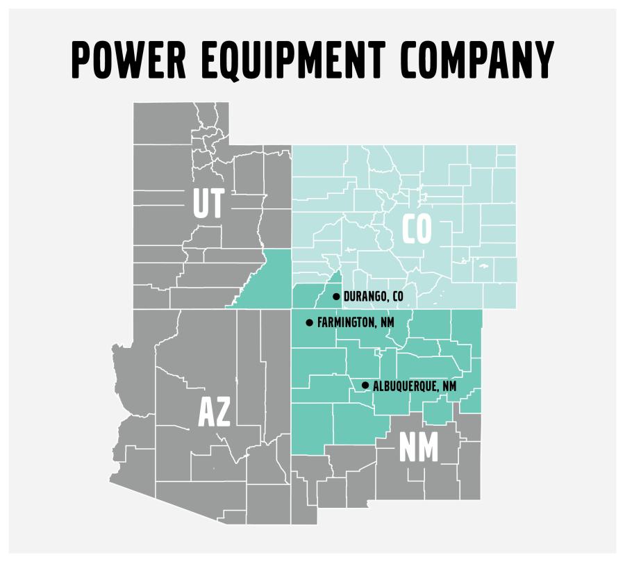 Power Equipment Company has long served as the Volvo equipment dealer for much of Colorado (lighter green) and is now adding the rest of the state and areas of New Mexico and Utah to its territory (darker green).