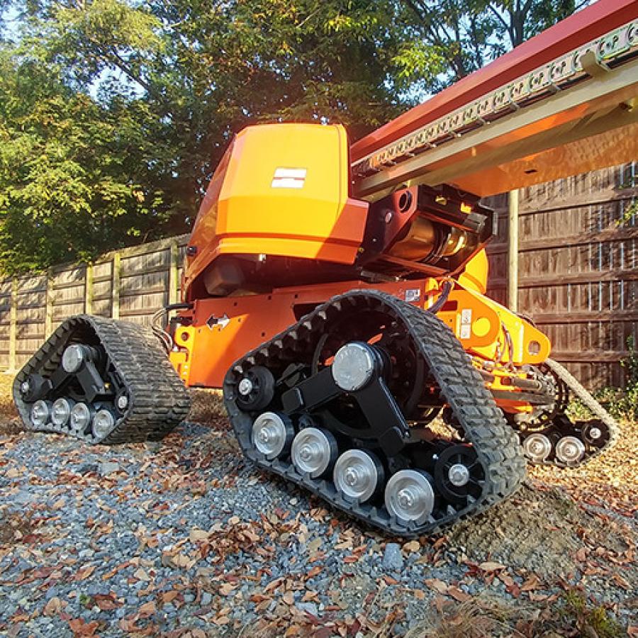 Quad tracks from JLG are made up of four triangular rubber-track systems, each measuring 34-in. high by 54-in. long by 18-in. wide.