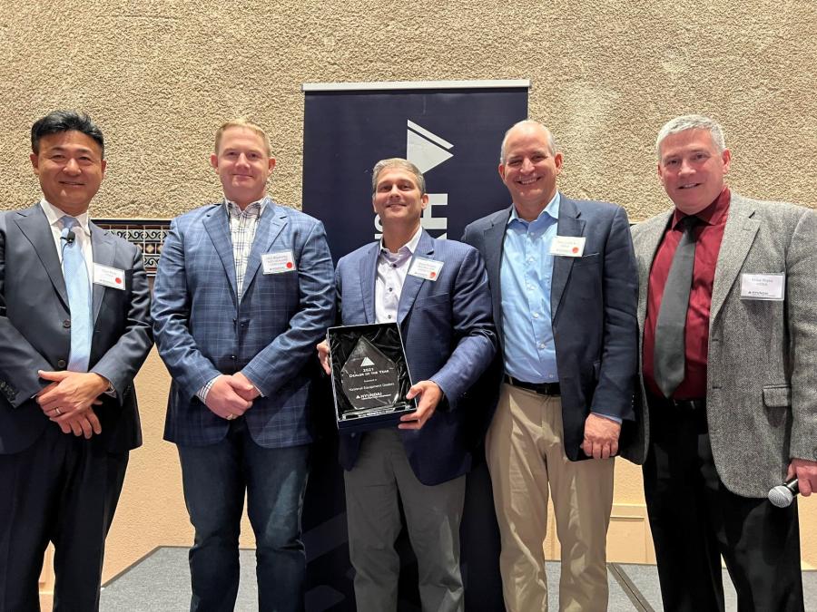 Hyundai Construction Equipment Americas named NED (National Equipment Dealers) its Top Dealer of 2021. (L-R) are Stan Park, Hyundai CE Americas president; Will Blackerby, NED vice president / corporate fleet manager; Jesse Beasly, NED chief operating officer; Dan Letterle, NED executive vice president, chief sales officer; and Mike Ross, Hyundai CE Americas VP of sales. 