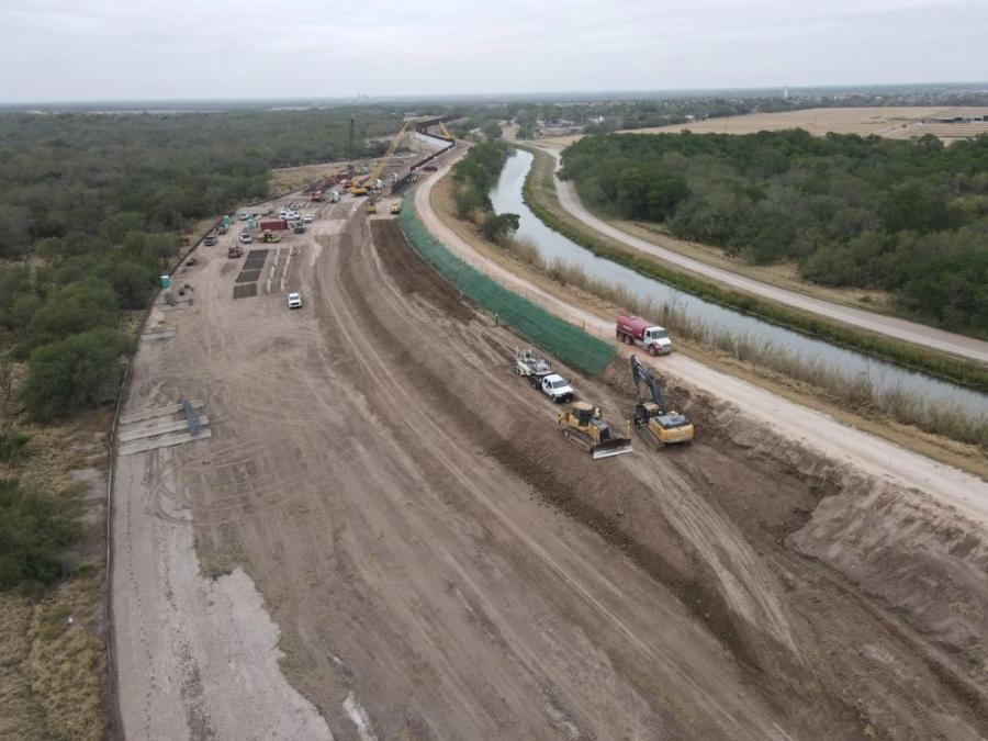 From the National Butterfly Center in Mission, Texas, crews perform border levee clearing and construction. Border bollards were being put in through a federal wildlife refuge called El Morillo. The body of water to the right is a canal.