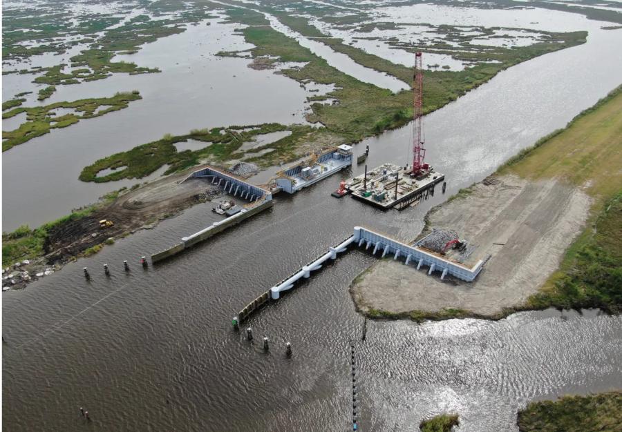 The newly completed Grand Bayou Floodgate closes a gap in the Morganza levee system in southern Lafourche Parish near the Terrebonne Parish border. (Louisiana Coastal Protection and Restoration Authority photo)