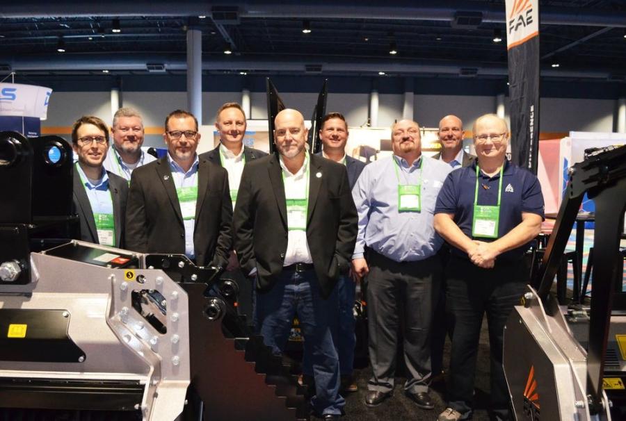 (L-R): A large showing of FAE USA staffers were on hand to promote their attachments and machines, including Bradley Wiseman, Chad Florian, Dan Crow, Giorgio Carera, Lee Smith, Mike Samples, James Steindl, Ryan Smith and Chris Koch. 