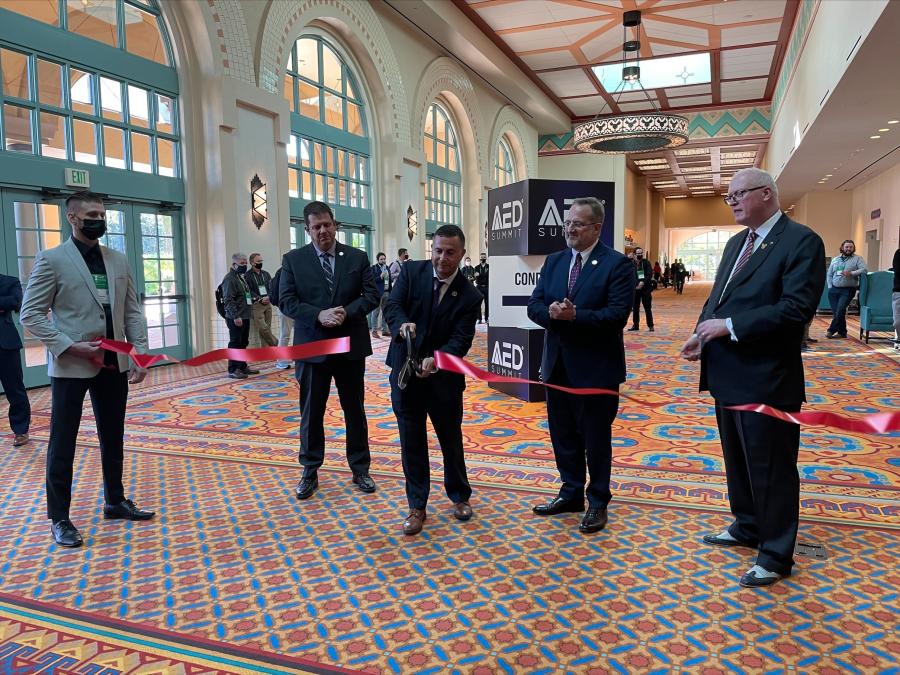 The honors of cutting the ceremonial ribbon for the official opening of CONDEX went (L-R) to outgoing AED Chairman Craig Drury, Vermeer Canada; Congressman Darren Soto (D-Fla.); incoming AED Chairman Ken Taylor, Ohio CAT; and AED President and CEO Brian McGuire. 