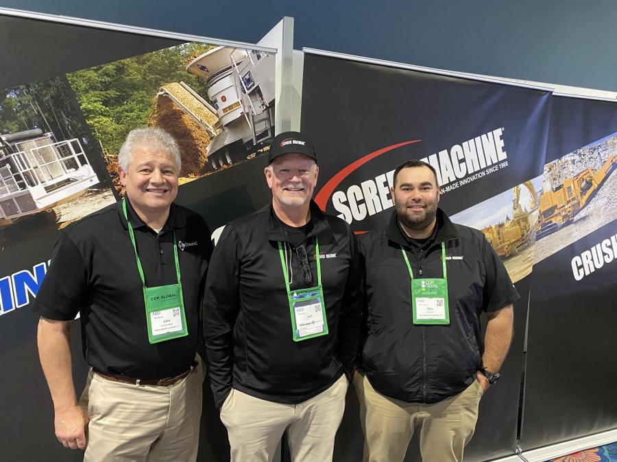 Diamond Z and Screen Machine, under the same corporate umbrella, are a couple of the oldest and most respected names in wood and material processing equipment in the industry. (L-R): John Lamprinakos, Diamond Z; Jeff Williams, Screen Machine; and Billy Stump II, Screen Machine.