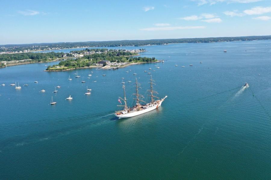 The U.S. Coast Guard barque Eagle, a 295-ft. tall ship used to train Coast Guard Academy cadets, passes Winter Island as it leaves Salem Harbor via the federal channel that will soon be dredged ahead of supporting offshore wind turbine construction. (Salem Harbormaster Department photo)