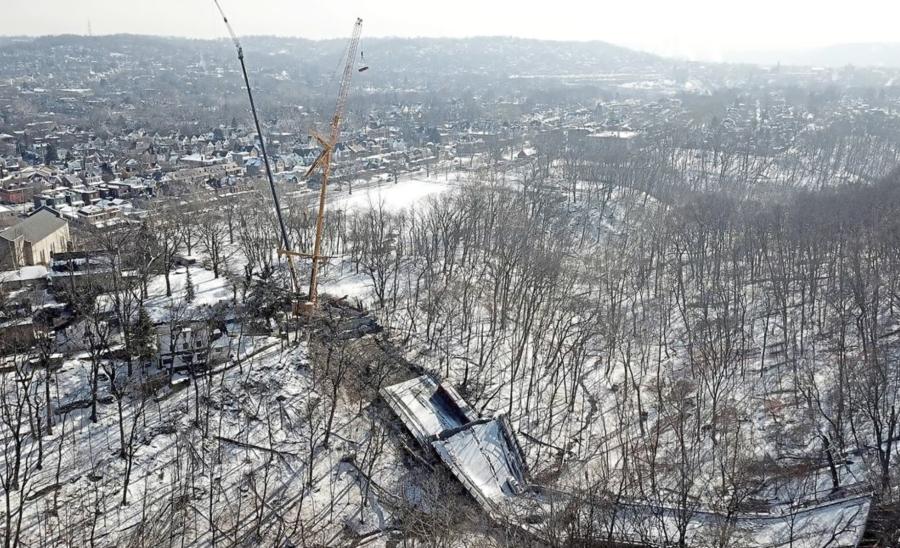 The collapsed Fern Hollow Bridge, Jan. 31, above Frick Park. (Matt Freed/Post-Gazette photo)