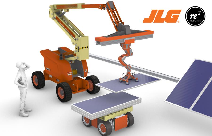 The RE2 Sapien 6M robotic arm, along with RE2 Detect and RE2 Intellect software are being integrated with a JLG aerial work platform to support the transfer, lifting and placement of the photovoltaic modules.