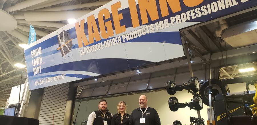 (L-R): Greg Donovan, sales manager of Kage Innovation, with new administration team member Kayleah Stephan and Paul Henning, account executive, Midwest regions, brought a massive show trailer and Snowfire, Snowstorm and Advantage Snow removal systems to display.
