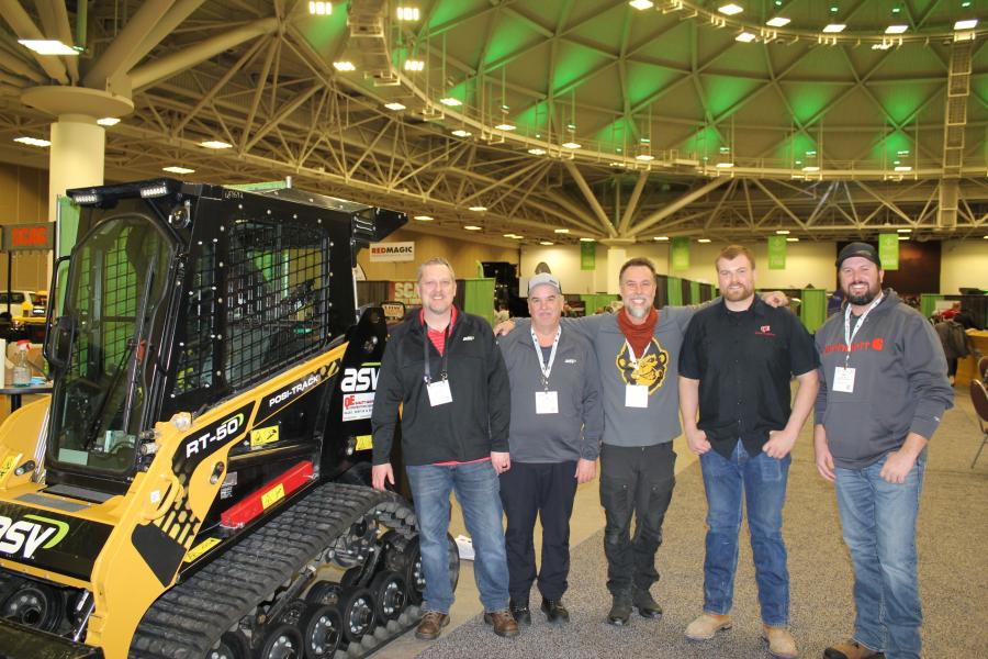 At the Quality Equipment booth (L-R) are Jeff Doege, sales; Jim Haroldson, business development manager of Yanmar ASV; Stanley “Dirt Monkey” Genadek, YouTube star; JT Kenngott, Quality Equipment, sales; and long-time customer, Matt Ryan of Clean Cut Outdoor Services.   
