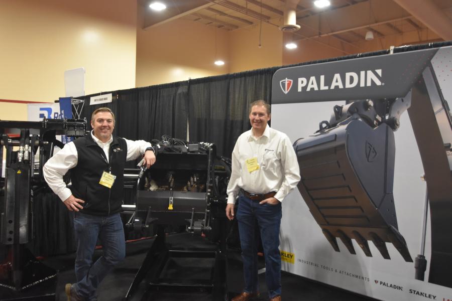 Bronson Anderson (L), western regional territory manager; and Dave Hawkins, account manager, specialty tools of Stanley Infrastructure, feature attachments ideal for mini-excavators and skid steer loaders, including Paladin’s new Strike Force Breakers and Bradco's skid steer cold planer. Both attachments are  popular on the West Coast due to highway specs.