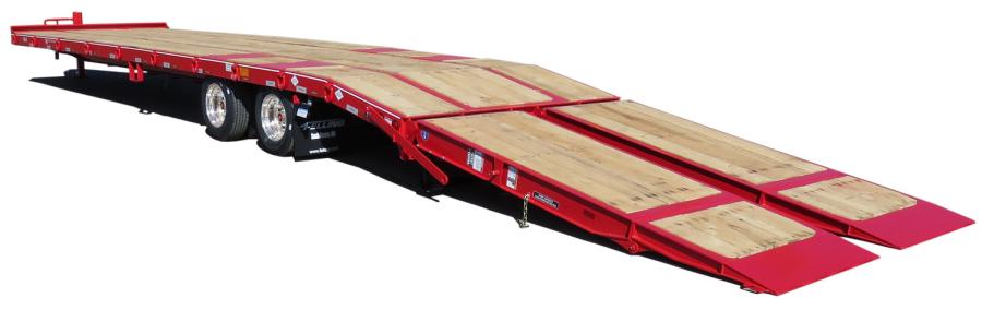 Felling Trailer’s air bi-fold ramps are 45 in. wide by 11 ft. (7.5 ft. +3.5 ft.) wood inlaid. The 11 ft. air bi-fold ramps were designed to accommodate the load angle necessary when loading cumbersome low clearance equipment such as paving equipment and directional drills.