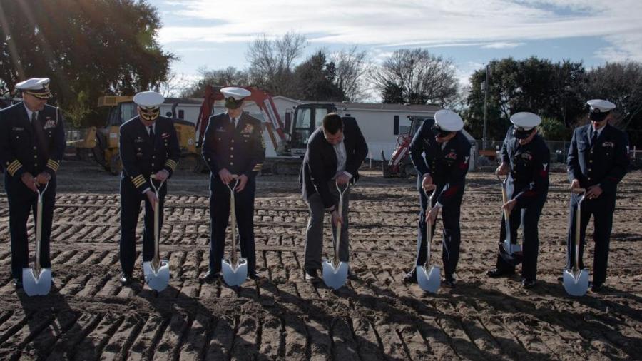 Coast Guard leadership from local units break ground for new construction during a groundbreaking ceremony at Coast Guard Station Tybee, Ga., Jan. 12, 2022. (U.S. Coast Guard Petty Officer 1st Class David Micallef photo)