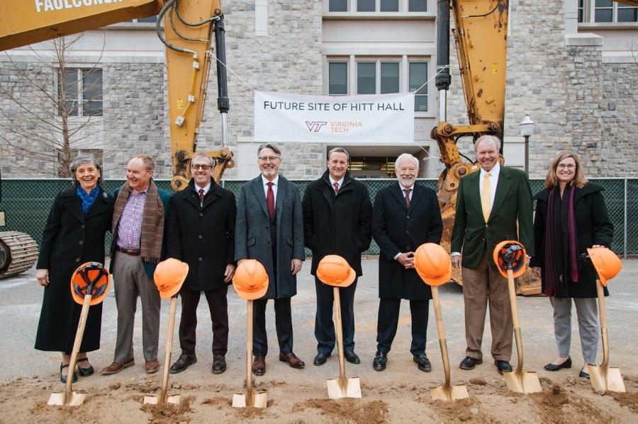 University leaders and supporters of the Myers-Lawson School of Construction at the groundbreaking of the school’s future home, Hitt Hall. (Christina Franusich photo)