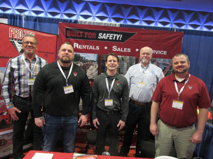 A full contingent was on hand at the Pro-Tec Equipment booth, where (L-R) Dave Miedema, Rob Coppens, Fred Schuessler, Paul Rosemeck and Lon Lentz welcomed attendees to discuss the company’s trench shoring equipment.
