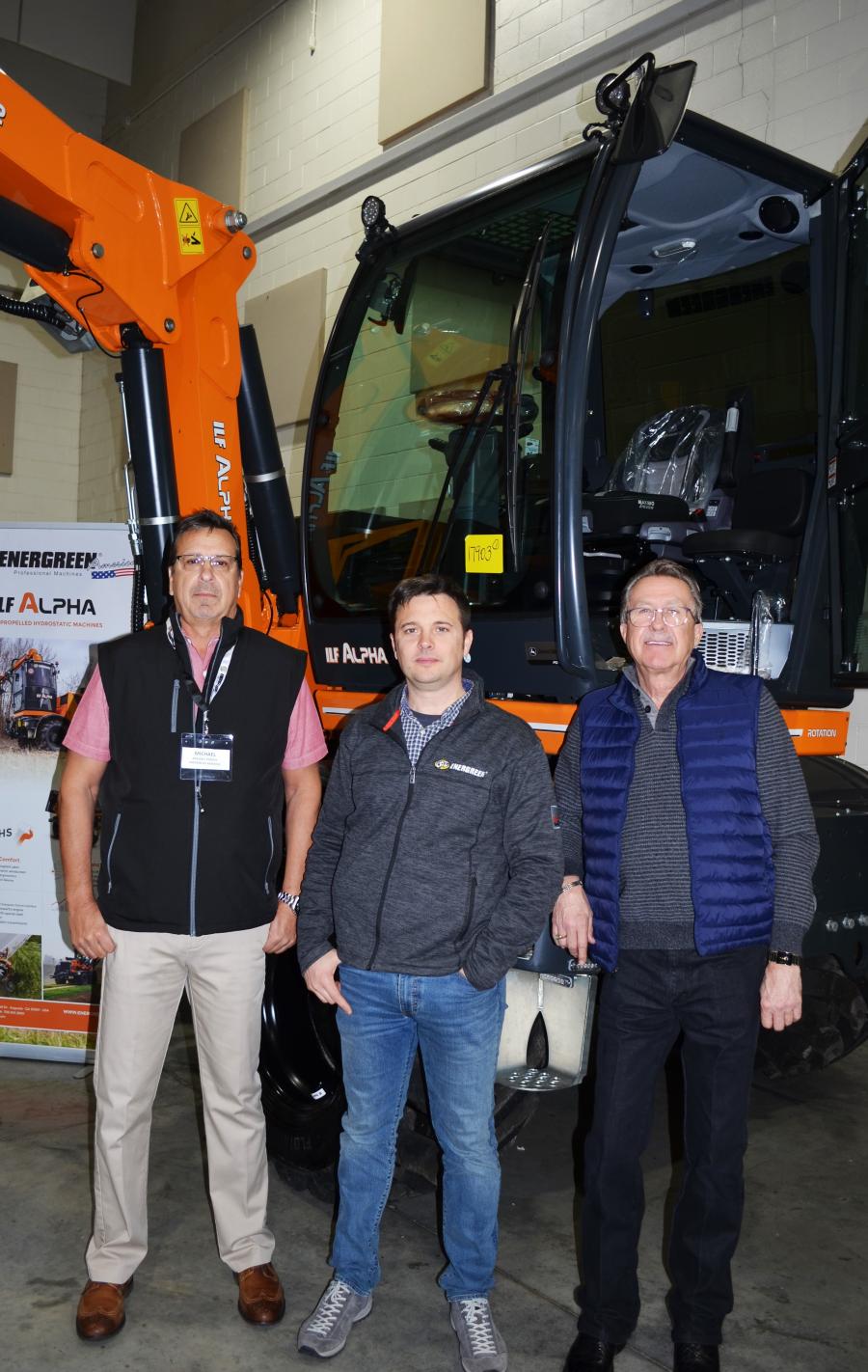 (L-R): Mike Pereny, Daniele Fraron and Larry Katzer, manufacturer representatives of ENERGREEN, displayed some new and unique machines that many show attendees were seeing for the first time.  