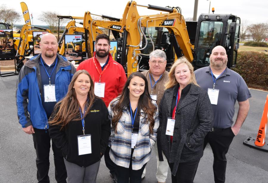 SANY dealers unite with their manufacturer at the show with a great looking mini-excavator display and representation including (L-R) Brad Formby, Atlantic Coastal Equipment; Gwen Eckersen, Perry Brothers Equipment; Tom Schanz, SANY America; Katy Brimlow, SANY America; John Aspinwall, Perry Brothers Equipment; Robin Lockard, Central Atlanta Tractor; and Brady Fitzpatrick, SANY America.