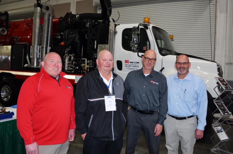 One of the “front & center” exhibitors, Adams Equipment Co. Inc. combined its company’s promotional efforts with the help of representatives from Vac-Con and including (L-R) Jody Purdy of Vac-Con; Bryan Gardner, Adams Equipment; Mike Selby, Vac-Con; and Tim Conger, Adams Equipment. 