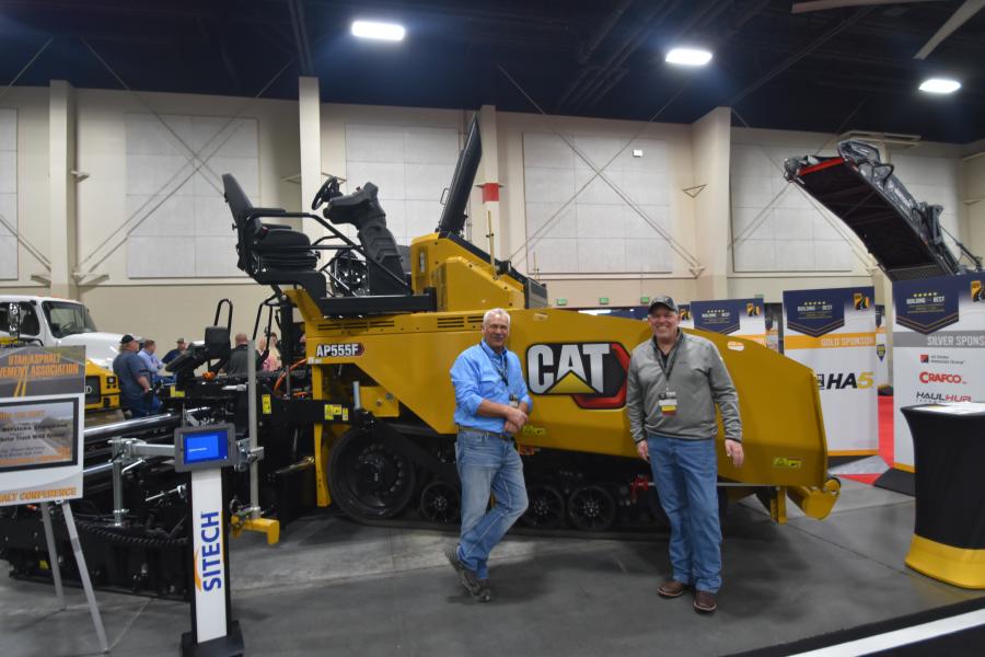 Aaron Venz (L), paving product specialist, and Cody Rhoade, rental operations manager of Wheeler Machinery, discuss the APP555F paver and why it is a great choice for municipality and highway roadwork due to its mobility and compact lighter weight.