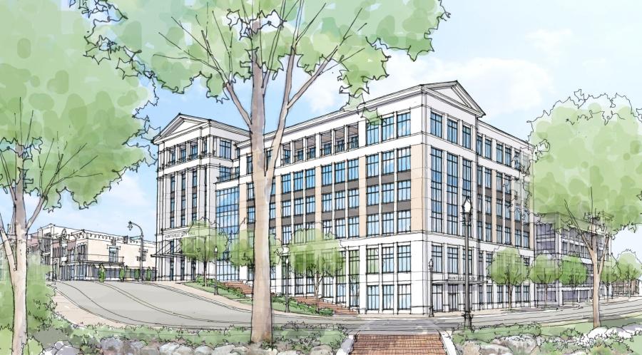 The new City Hall will have a ground-floor entrance off Fountain Circle and a second-floor entrance at the intersection of Fountain Circle and Madison Street. (Goodwyn Mills Cawood rendering)