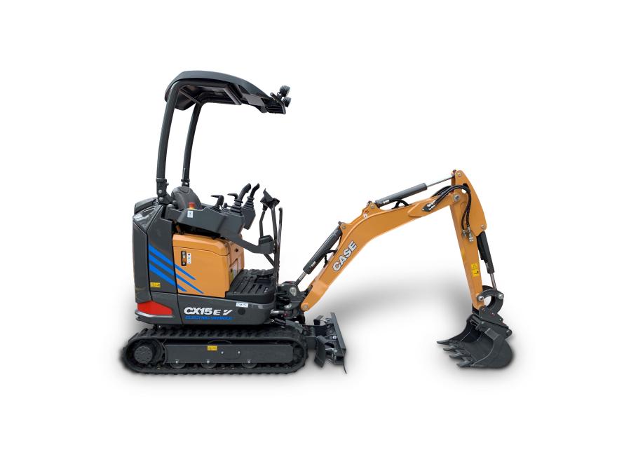 The Case CX15 EV is a 2,900-lb. mini excavator powered by a 16 kW electric motor — it features retractable tracks that get machine width down to approximately 31 in. for going through doors and working in confined spaces. It also can work very close to structures and obstacles with a minimum swing radius design.