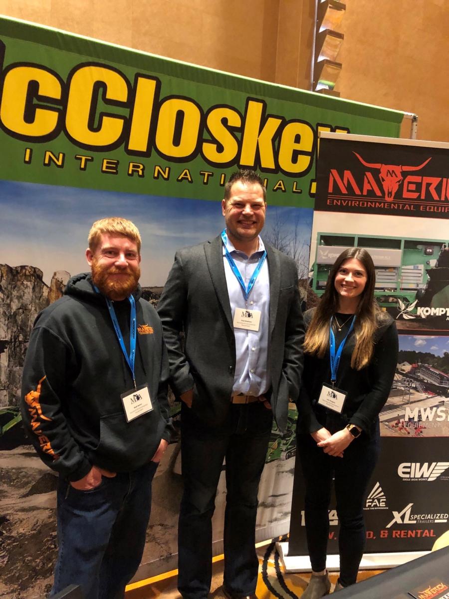 (L-R): Matt Behm, Fred Makinen and Lisa Gregory of Maverick Environmental Equipment discussed the company’s lineup of McCloskey, Komptech, Eagle Crusher and other material processing equipment.
