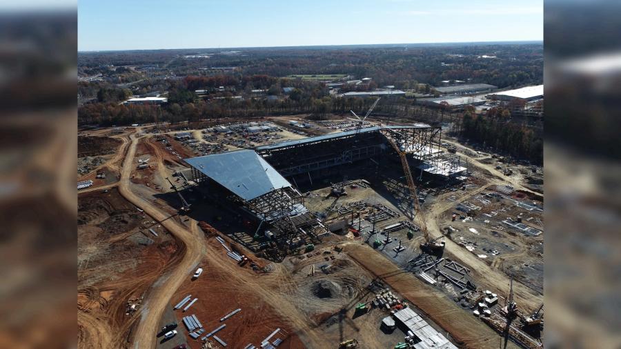 Looking southwest at the headquarters and pavilion from the future I-77 off ramp in this November 2021 photo.