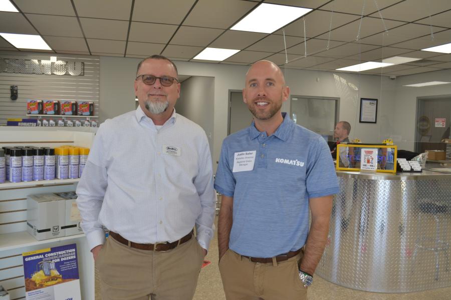 Kelly Shuffield (L), general service manager of Kirby-Smith’s crane division, along with Komatsu Regional Sales Manager Justin Sailer, fielded customer questions about their respective products at the Lubbock open house.
