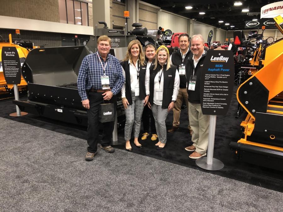 (L-R): John Ball of Top Quality Paving in Manchester, N.H., stopped by the LeeBoy booth to see its latest products and to visit with Kristi Harris, Maddie Eaker, Kendra Bell, Brian Hall and Bryce Davis.