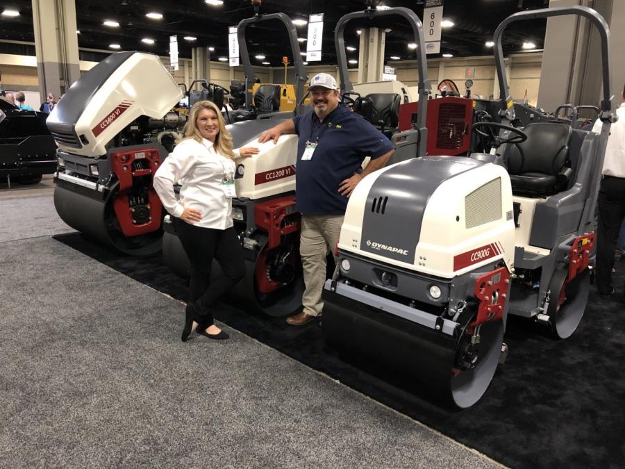 Jennifer Bishop of Dynapac and Richie Ambrose of National Equipment Dealers (NED) in Columbia, S.C., look over Dynapac’s double drum asphalt rollers.