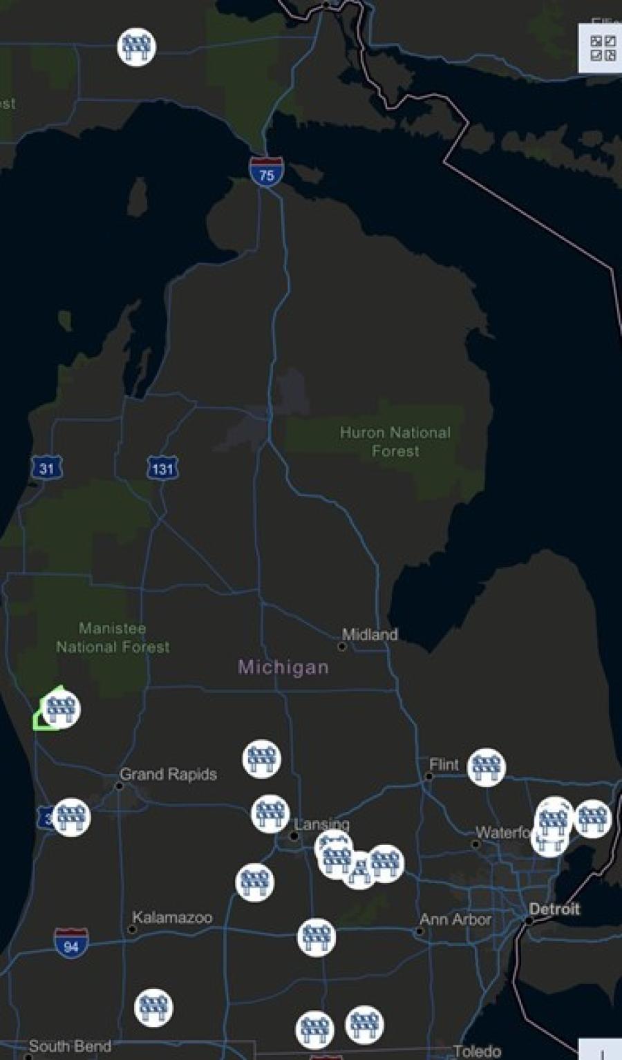 The interactive map on the new Michigan Department of Transportation (MDOT) bridge bundling pilot program (Michigan.gov/BridgeBundling) showing the location of the 19 locally owned bridge repair jobs included in the pilot program around the state.