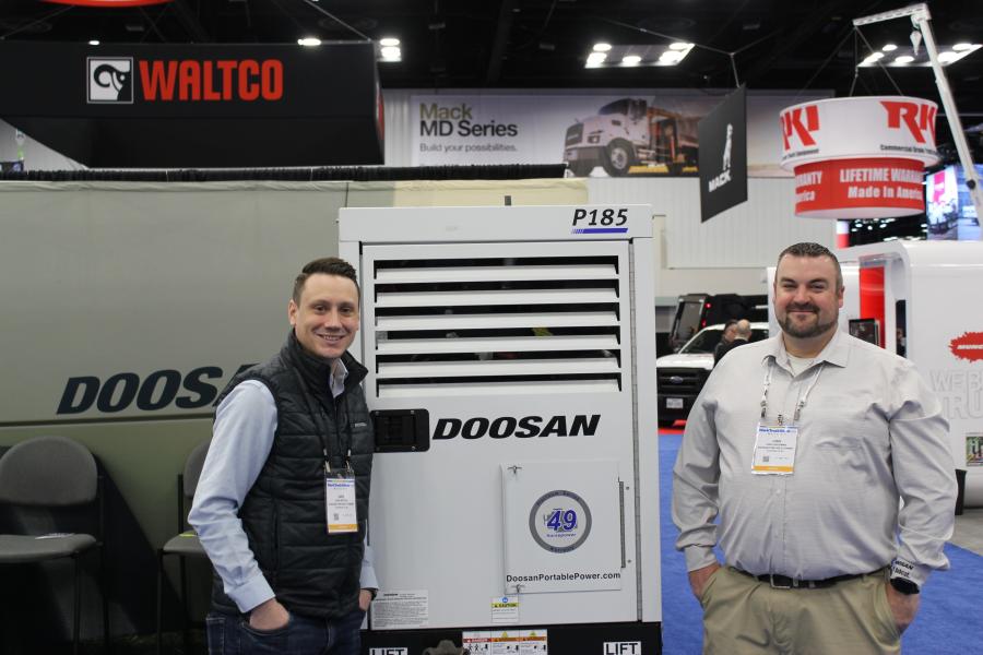 Jake Wetzel (L) and Josh Goodman of Doosan Portable Power, Statesville, N.C., had the company’s Platinum Series P185WKUB Tier 2 air compressor on hand.
