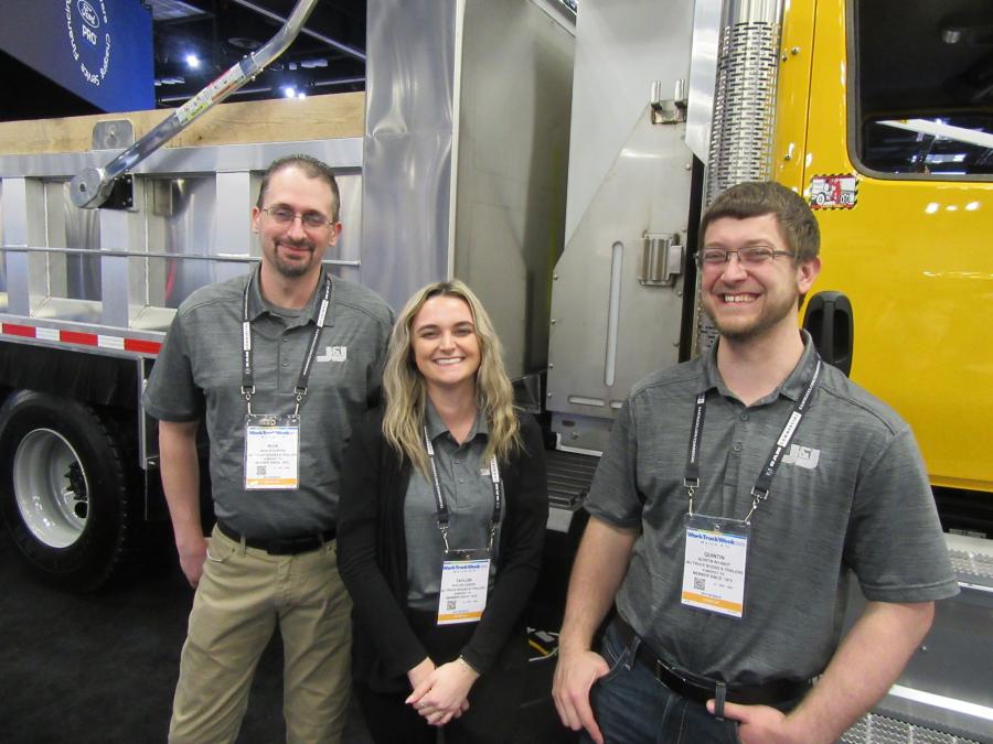 (L-R): J&J Truck Bodies and Trailers’ Rick Stouffer, Taylor Gontis and Quintin Wyandt were on hand to discuss the company’s line up of steel and aluminium dump bodies, trailers and pressure vacuum tanks.