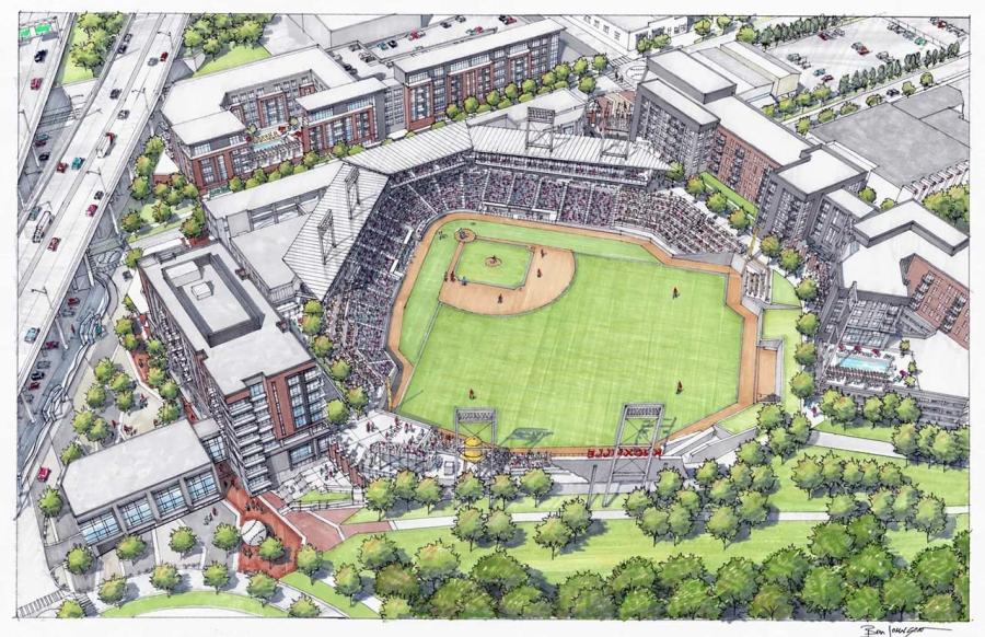 As envisioned by Smokies owner Randy Boyd, the ballpark will be the centerpiece of $142 million in new development near Knoxville’s Old City area, including retail, residential, restaurants, and potentially a new downtown grocery store. (Tennessee Smokies rendering)
