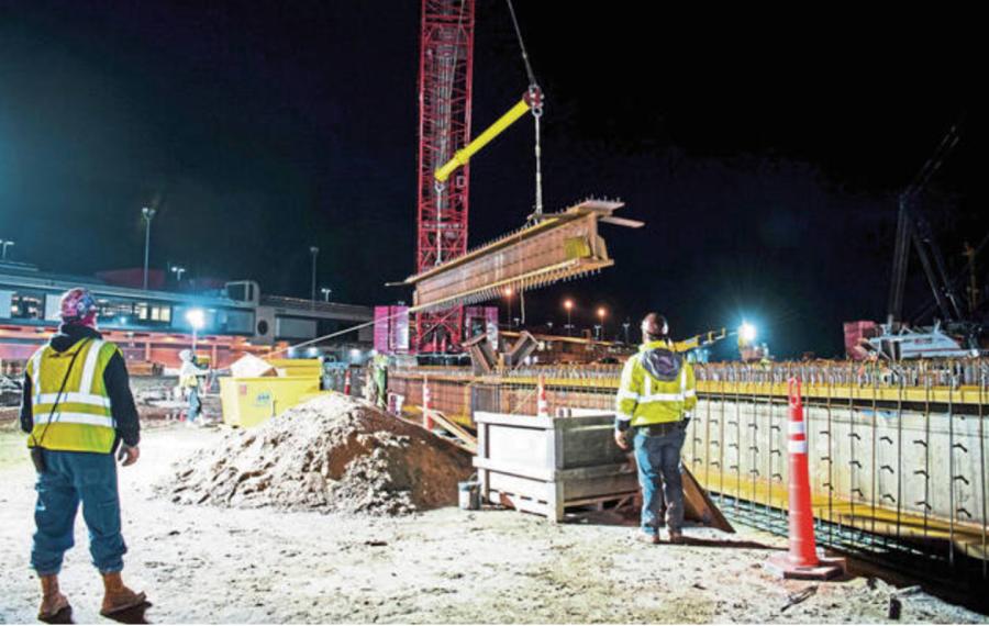 A 50-ton steel girder is placed as part of the new landside terminal construction at Pittsburgh International Airport. (Blue Sky News photo)