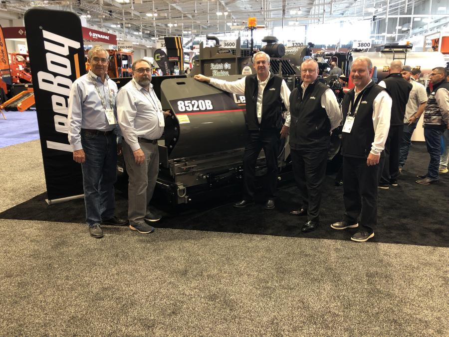 (L-R): Visiting the LeeBoy display with the 8520B paver are Giles Poulson and Bill Smith, both of Faris Machinery in Commerce City, Colo.; and Jim Harkins, Brian Bieler and Bryce Davis, all of LeeBoy in Lincolnton, N.C.