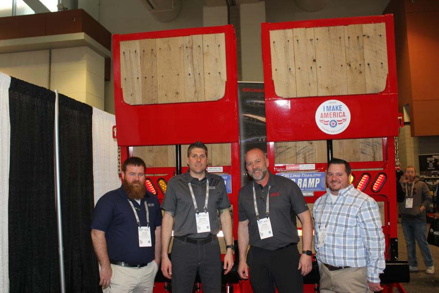 (L-R): Jacob Meyer, inside trailer sales; Nate Uphus, sales manager; and Jason Worley, southeast regional sales manager, all of Felling Trailers, Sauk Centre, Minn.; and Alex Drakely, sales, of Trans Equipment Co. Inc., Ephrata, Pa., which is one of Felling’s many dealers across the country. Here, they stand with the FT-45-2 LP with air bi-fold ramps.
