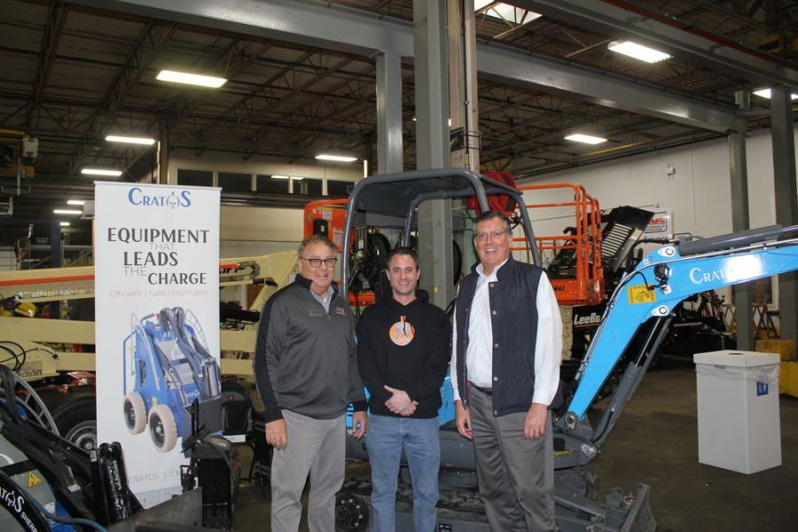 (L-R): Steven Klatt, RMS rentals manager; Matt Ingram, regional sales manager of Cratos in Pompano Beach, Fla.; and Russell Sheaffer, president of Road Machinery & Supplies in Savage, Minn., talk about the Cratos all electric CMX18 mini-excavator — all the performance with zero emissions.