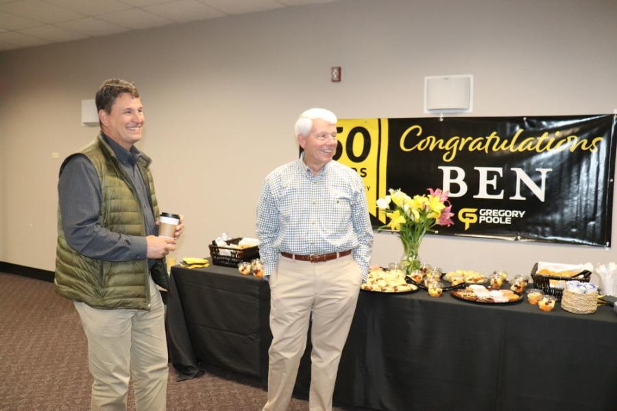 For the past 35 years of his tenure with the company, Ben Bradsher (R) served as its vice president and account manager for all the construction equipment company’s quarry accounts. Vice president and CFO Mark Massey is on the left.