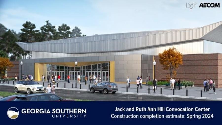 Jack and Ruth Ann Hill Convocation Center entrance rendering.