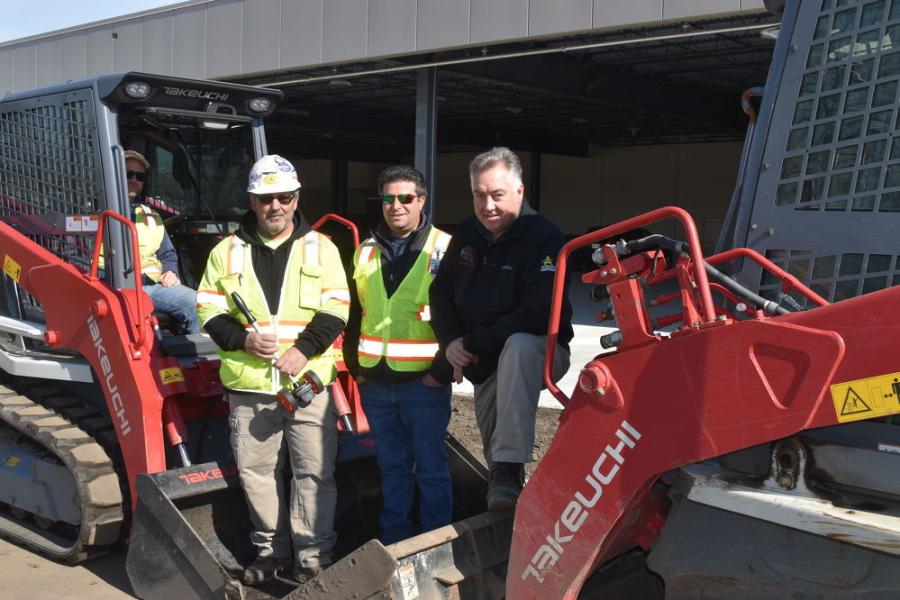 With a Hitachi wheel loader and Takeuchi tracked loader purchased from All Island Equipment (L-R) are Charlie Friedman of Steven Dubner Landscaping; Max Lituchy, vice president of Steven Dubner Landscaping; and Gary Wade, president of All Island Equipment.