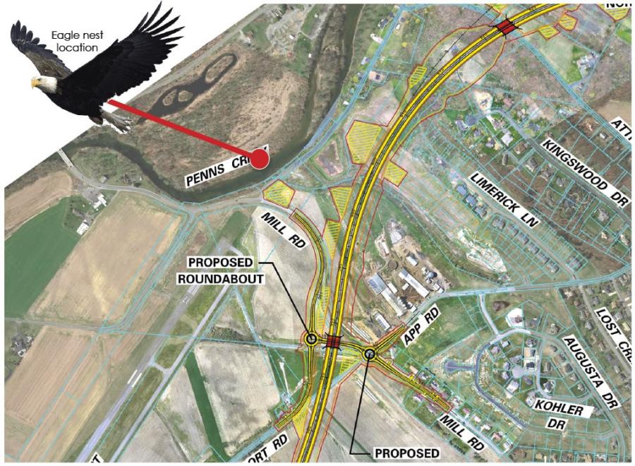 The active eagle nest and its proximity to the proposed construction of the southern section of the Central Susquehanna Valley Thruway. (Middle Susquehanna Riverkeeper Association rendering)