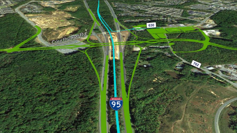 The I-95 Express Lanes Fredericksburg Extension will continue the reversible express lanes in the median of I-95, adding three lanes for approximately 1.5 mi., and two lanes for another 8.5 mi. from Route 610 (Exit 143) in Stafford County south to the vicinity of Route 17 (Exit 133) near Fredericksburg. At its southern end, the 10-mi. project will connect to the I-95 Southbound Rappahannock River Crossing and I-95 Northbound Rappahannock River Crossing projects. (Virginia Department of Transportation photo)